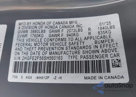 2025 Honda Civic Sport z USA, uszkodzony, nr VIN 2HGFE2F56SH560163